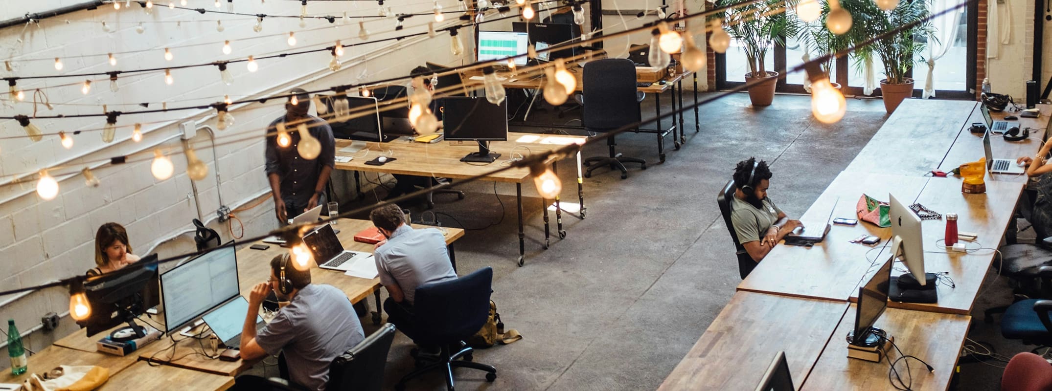 open office concept with edison bulbs